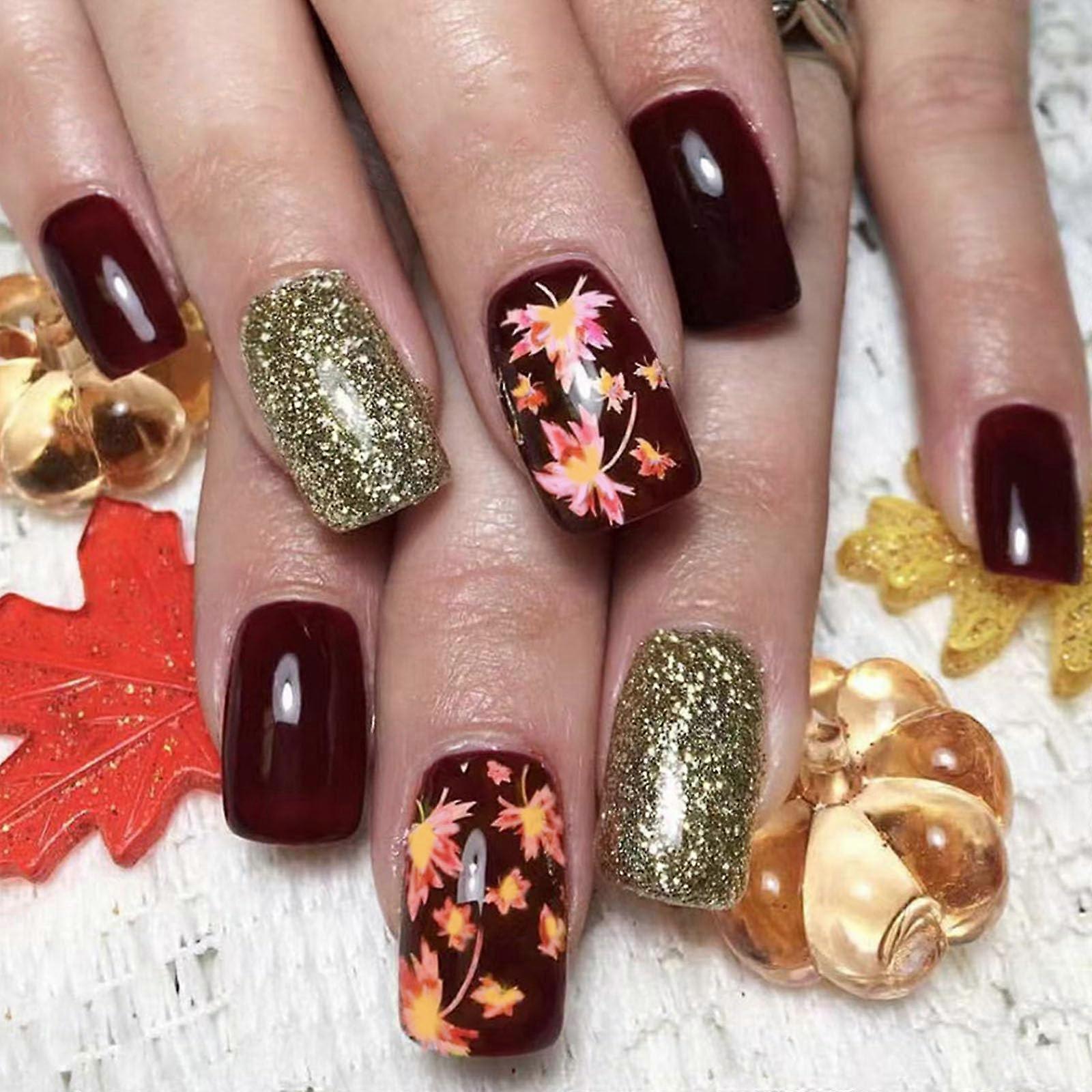 Thanksgiving Press On Nails Maple Leaf Autumn Glitter Fake Nails Medium Square 24pcs Set