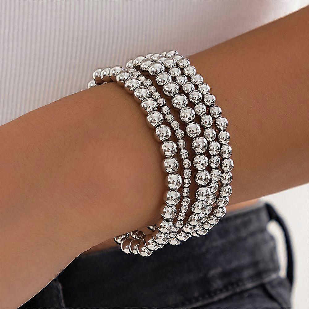 5pcs 5 styles Brass & CCB Beaded Stretch Bracelet set Silver Inner Diameter: 7-1/8 inch(18cm)