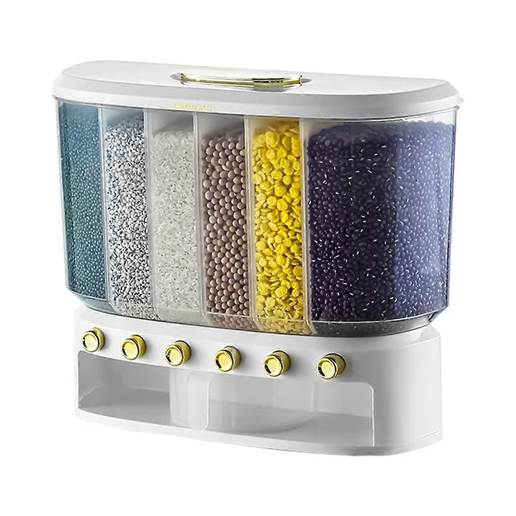 Rice Dispenser Wall Mounted 6 Grid Dry Food Storage Container with Button for Kitchen Space Saving