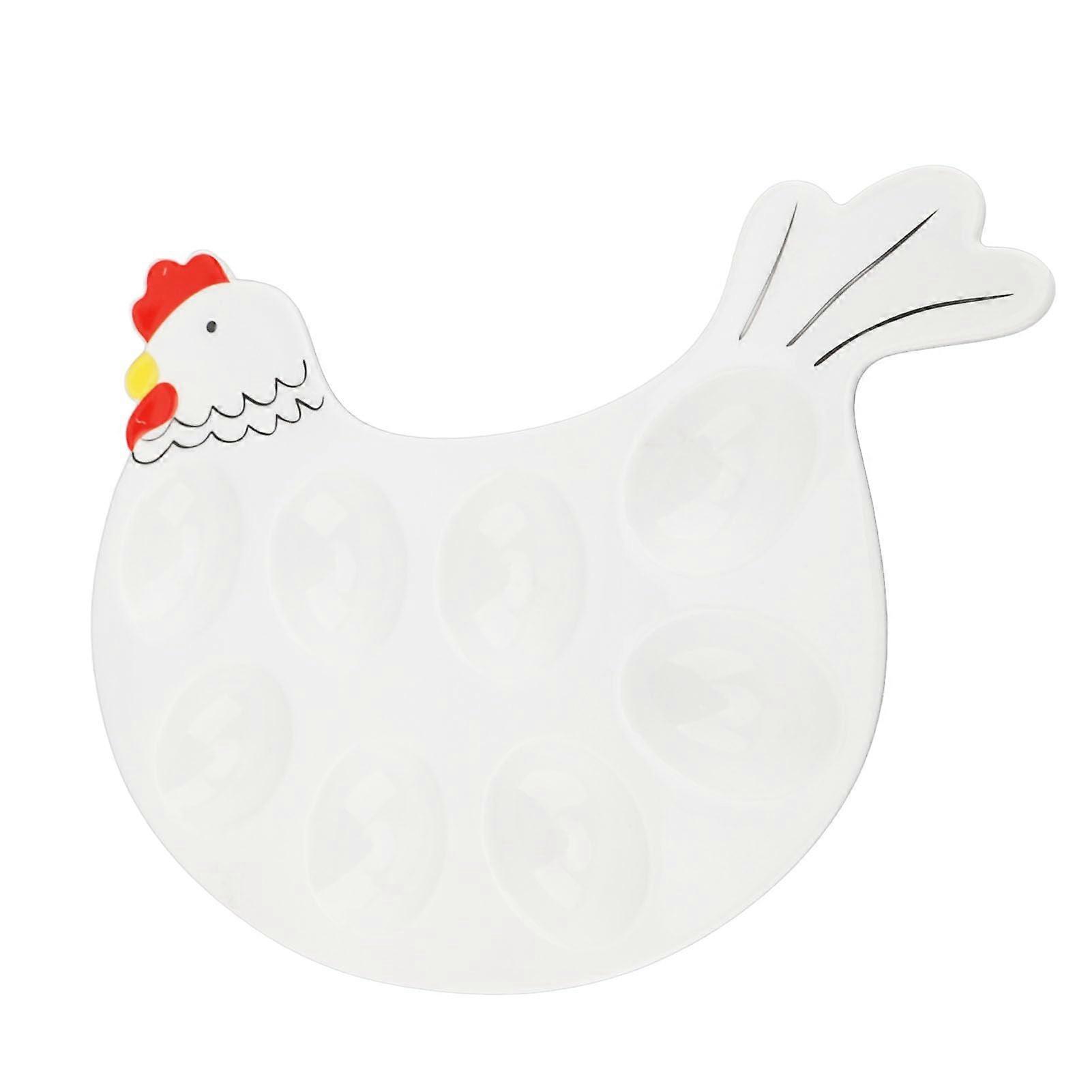 Deviled Egg Platter Ceramic Chicken Shaped Serving Tray with Center Compartment, 8 Slot Plate for Parties and Easter