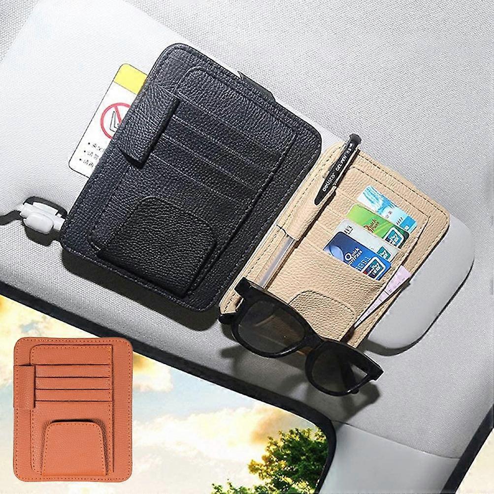 Multifunctional Car Litchi Pattern Glasses Holder Sun Visor Bill Holder