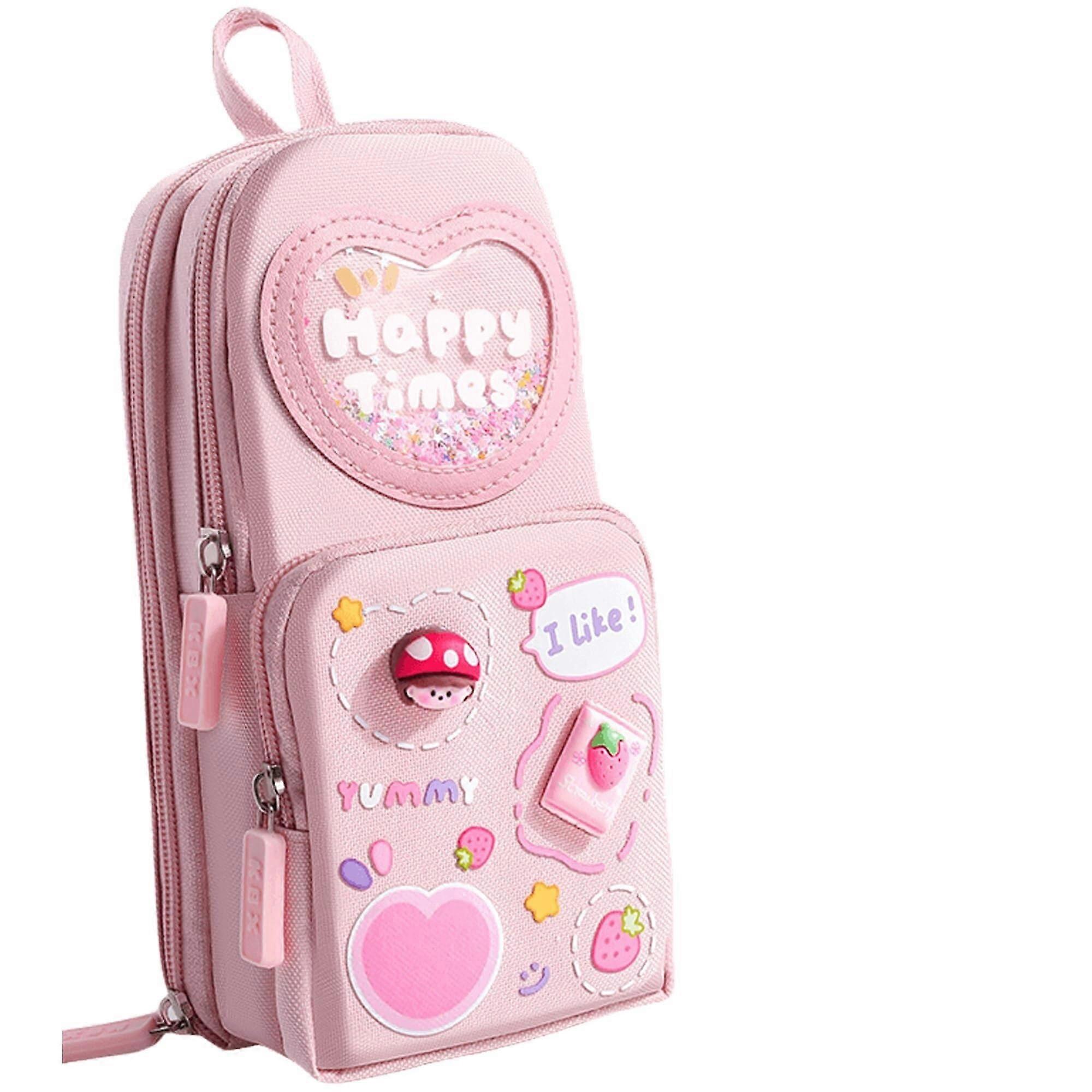 Cherry Pink Pencil Case Waterproof Canvas Large Capacity Stationery Organizer Mini Backpack Design