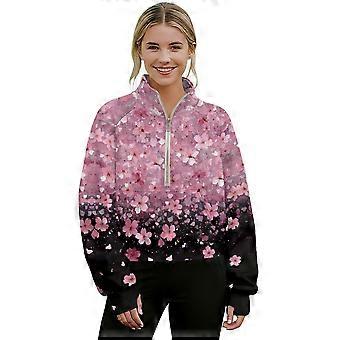 Damen-Crop-Pullover, halber Reißverschluss, lange Ärmel mit Daumenlöchern, weiches Sportoberteil für Fitnessstudio/Laufen – M, Kirschblütenrosa/Schwarz