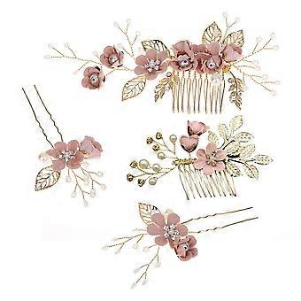Bride Hair Clip 4 Pcs Wedding Hair Comb Rhinestones Crystal Floral Bridal Hair Clips Hair Pin Hair Jewelry for Wedding Dress Accessories (Pink) Hair C