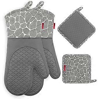 Luva de forno, luvas de forno antiderrapante silicone resistente ao calor e algodão 1 par e 2 suportes de pote (cinza)