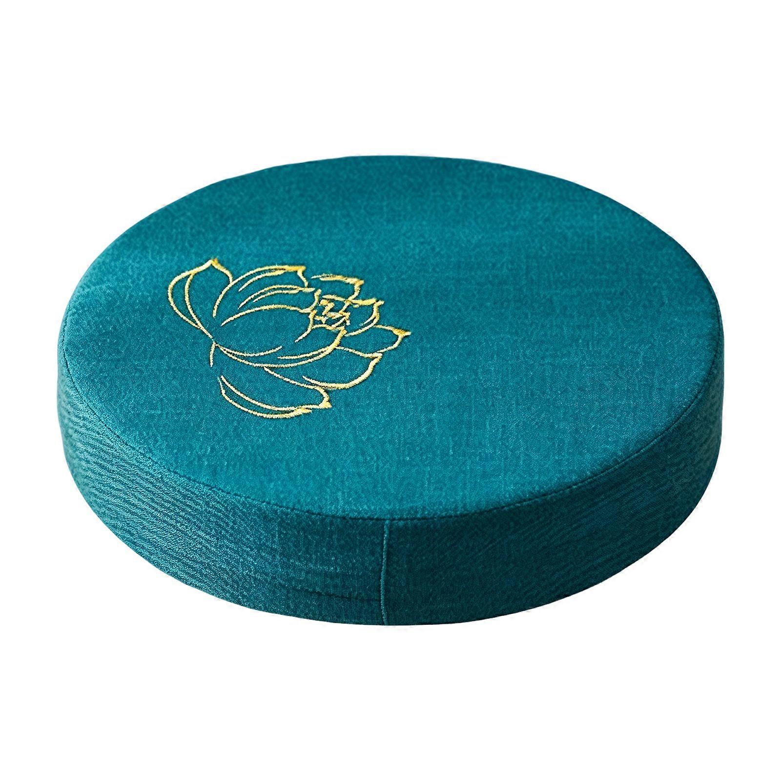 Coussin de sol rond pour la méditation, housse en lin brodée de lotus, coussin de chaise pour salon de thé et coin détente à la maison, bleu peacoc1k