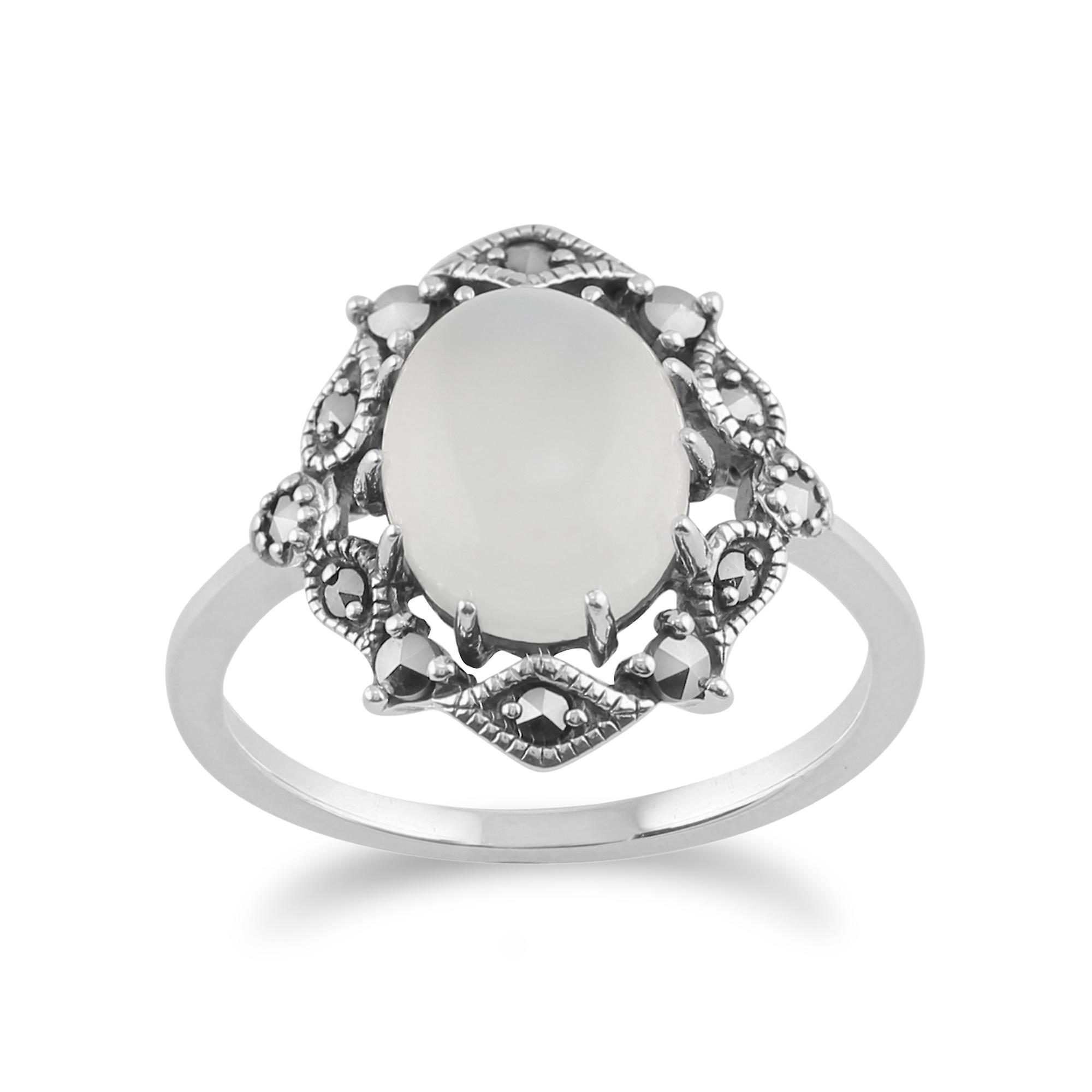Art Nouveau Style Oval Moonstone Cabochon & Marcasite Statement Ring in 925 Sterling Silver 214R480007925