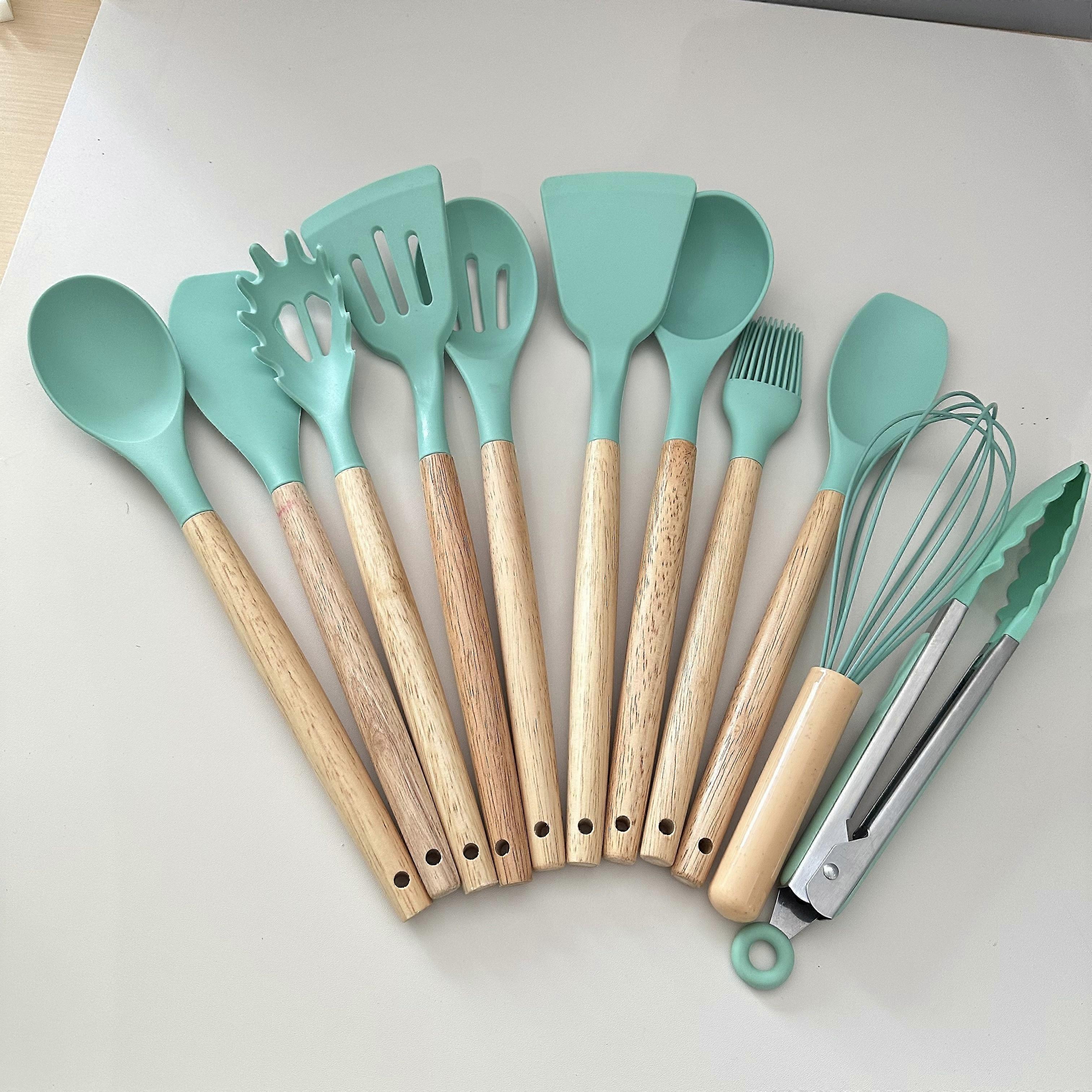 12pcs/set, Silicone Utensil Set, Kitchen Utensil Set, Safety Cooking Utensils Set, Non-Stick Cooking Utensils Set With Wooden Handle, Washable Modern