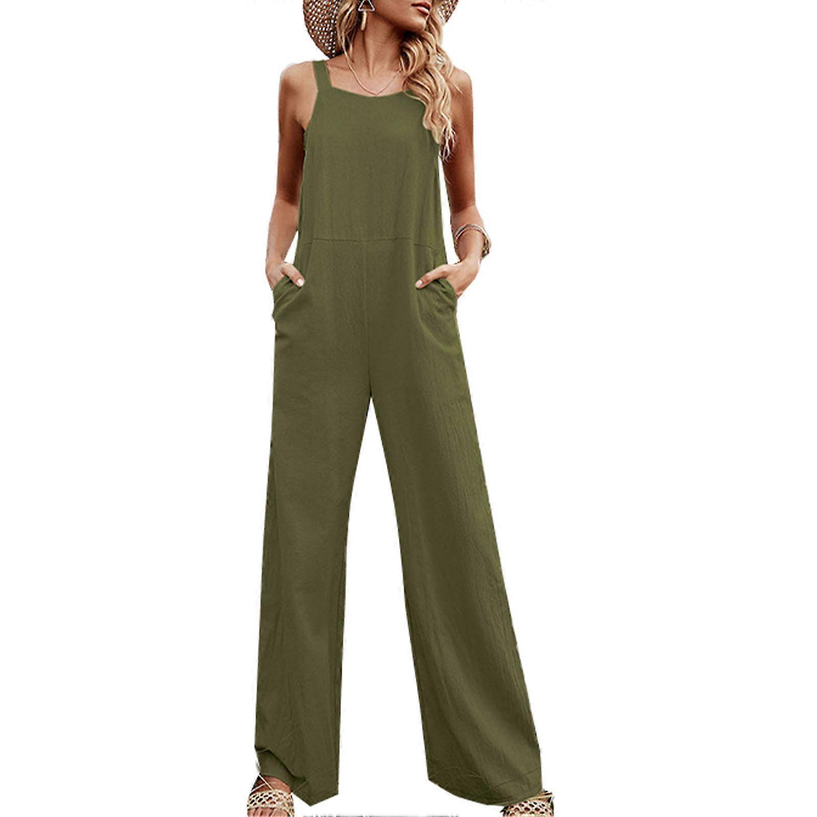 Femmes Combinaison Sans Manches Bandoulière Réglable Dos Ouvert Ample Large Jambe Combinaison OD Vert M