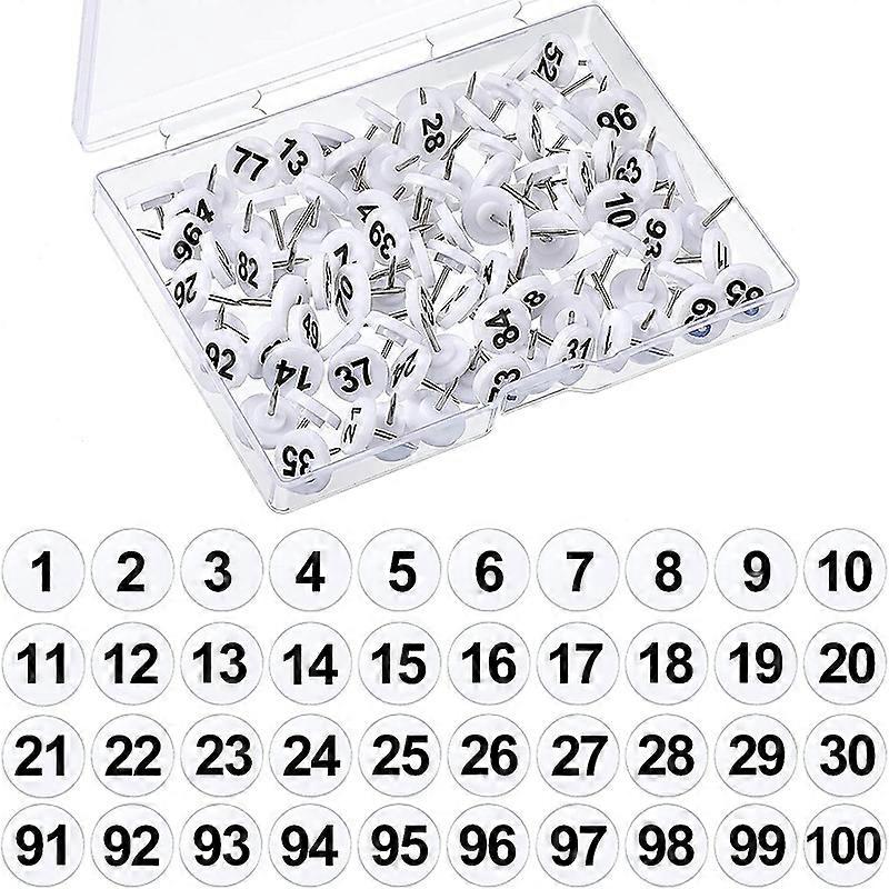 100PCS Flat Number Push Pins Thumb Tacks for Cork Bulletin Boards 1-100 Plastic Head Map Pins with Steel Point (White)