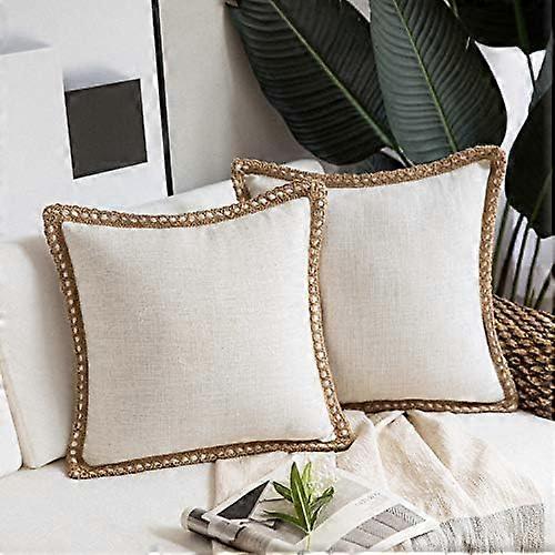 Pack of 2 Farmhouse Modern Fall Decorative Throw Pillow Covers Burlap Linen Trimmed Outdoor Pillows Tailored Edges Off White 18 x 18 inches, 45 x 45 c