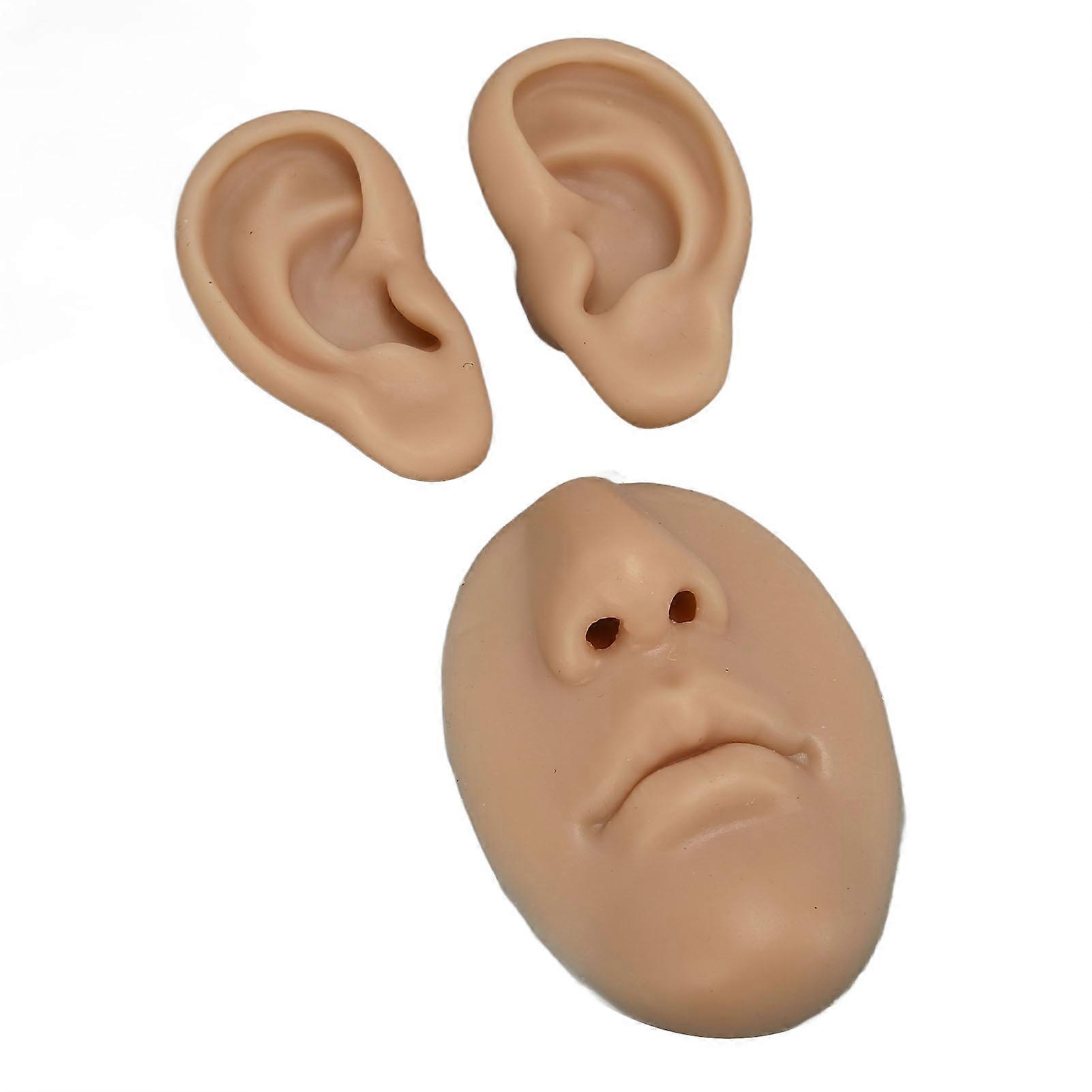 Silicone Ear Model Novice Simulated 3D Nose and Mouth Model Display Prop Teaching Tool for Piercing Practice Dark Skin Color