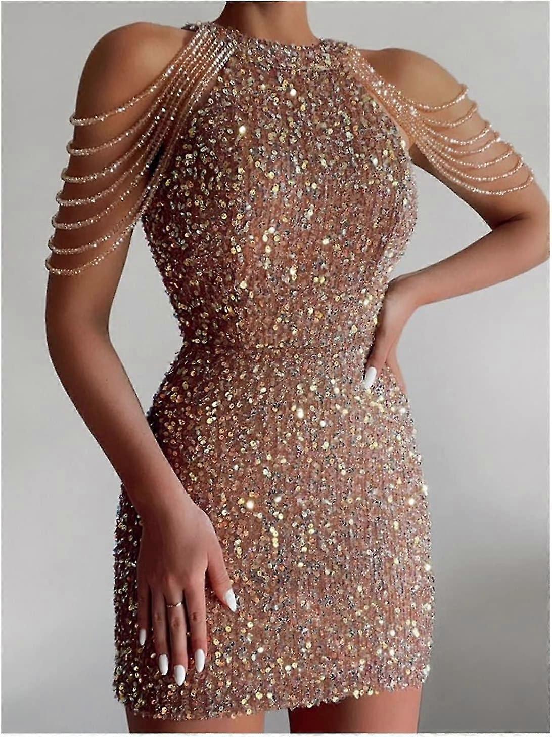 قبالة الكتف الذهب الترتر اللباس قصيرة حزب Bodycon اللباس المرأة مثير مساء اللباس