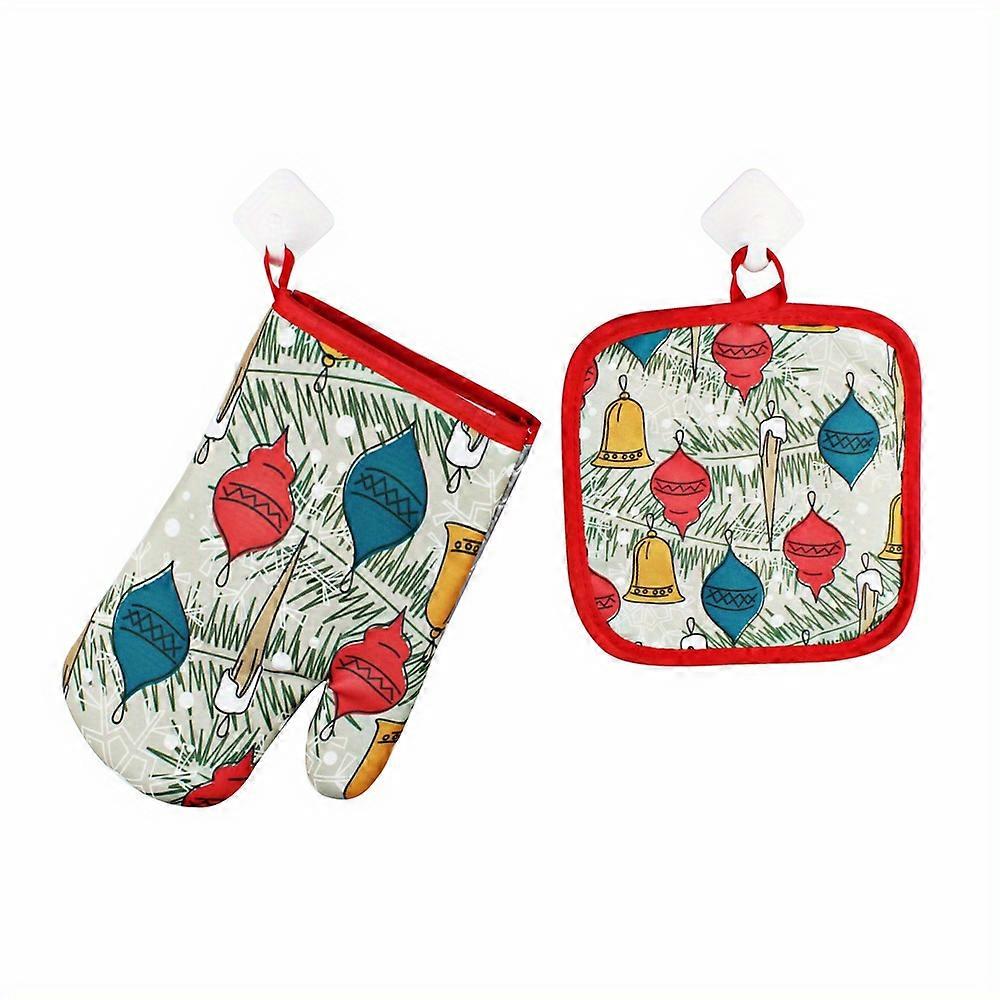 2pcs, Cotton Oven Mitts, Christmas Theme Heat Resistant Mitts, Heat Insulation Mat, Microwave Oven Double Layer Baking Oven Insulation Gloves, Non-Sli