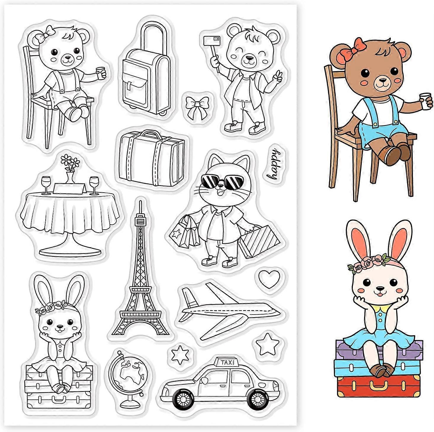 1sheet Animal Travel Clear Stamp Rabbits and Bears Silicone Clear Stamp Airplanes
