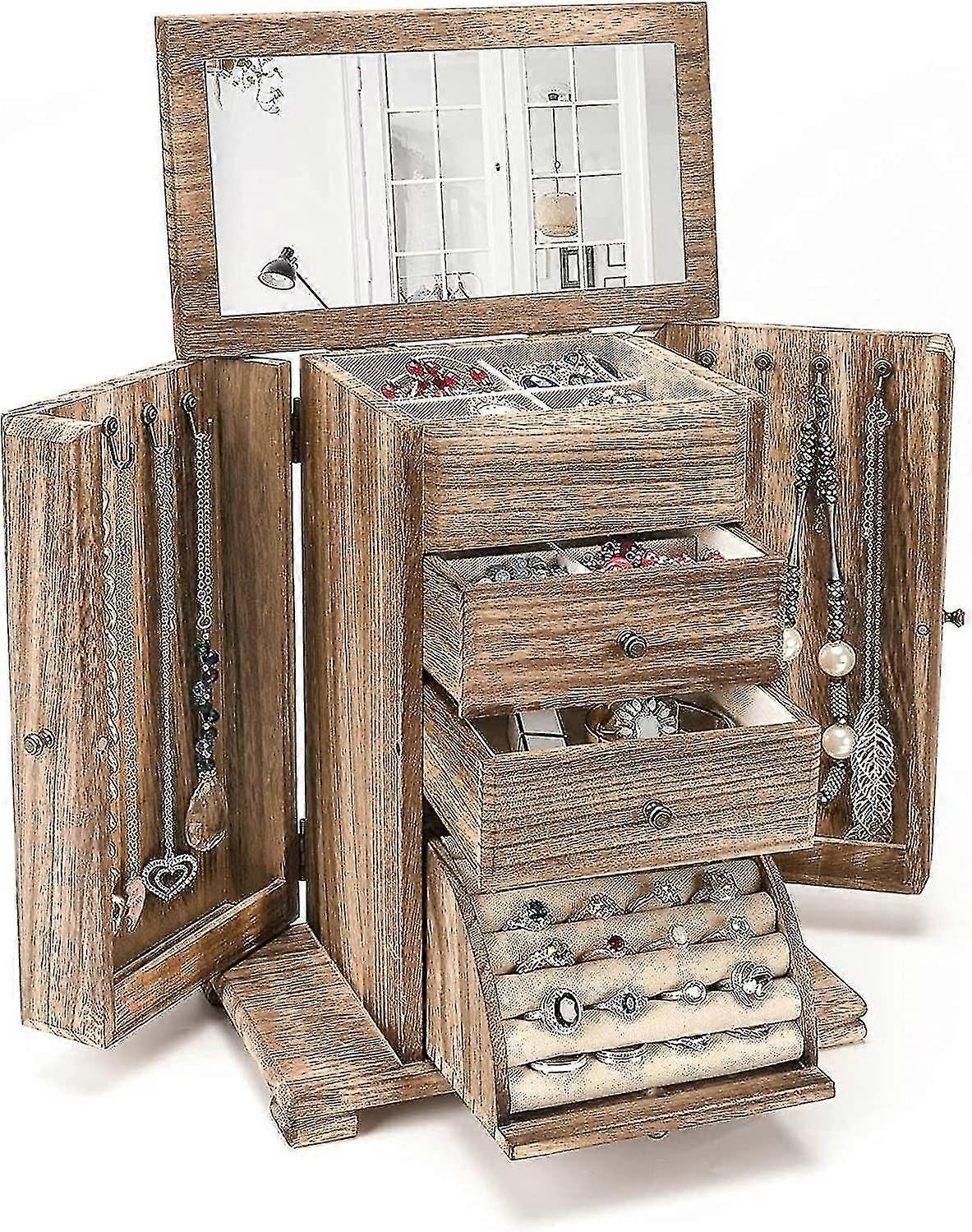 صندوق مجوهرات للنساء الفتيات ، صناديق مجوهرات خشبية كبيرة ريفية ومنظمات مع مرآة ، صندوق منظم مجوهرات 4 طبقات لقلادة أقراط خواتم