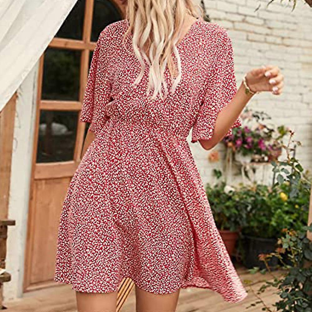 Women's Bat Sleeve V Neck High Waist Dress A Line Summer Skirt All Over Print