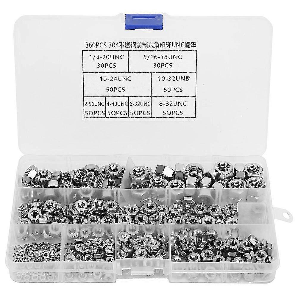 360pcs UNC Stainless Steel Coarse Thread Hex Nuts Fasteners