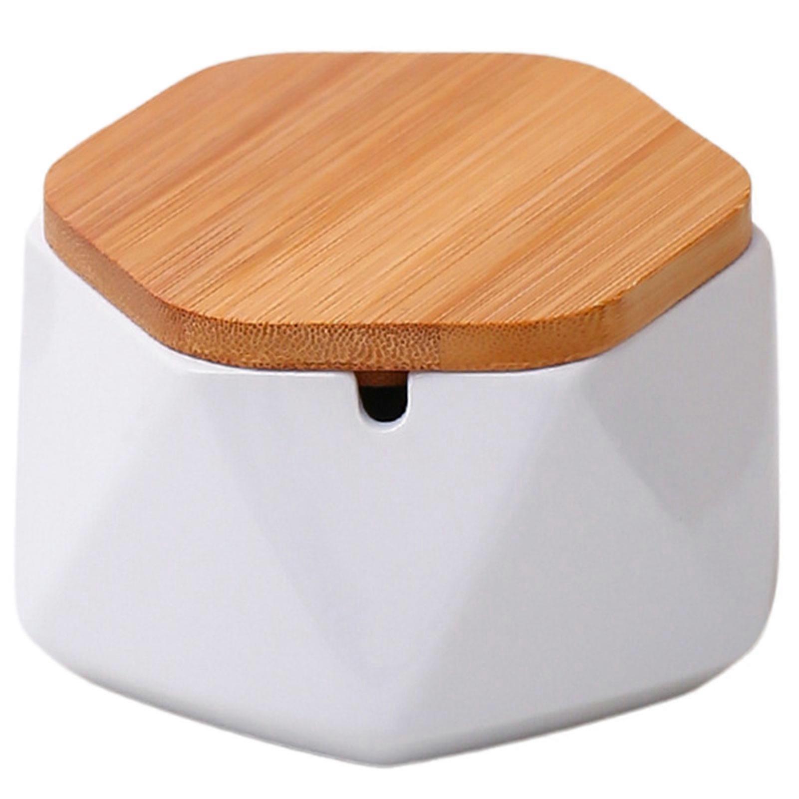 Geometric Ceramic Ashtray with Bamboo Lid, Windproof Ceramic Ashtray for Indoor Outdoor, Home Office Decoration