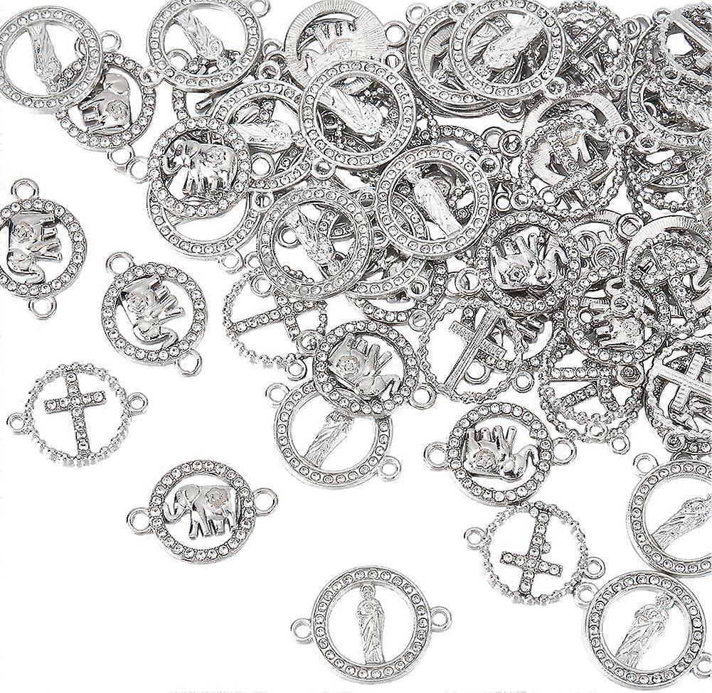 60Pcs 3 Styles Flat Round Alloy Connector Charms Elephant Cross Saint Pendant Links Crystal Rhinestone Connector Charms Double Loop Charm Connectors f
