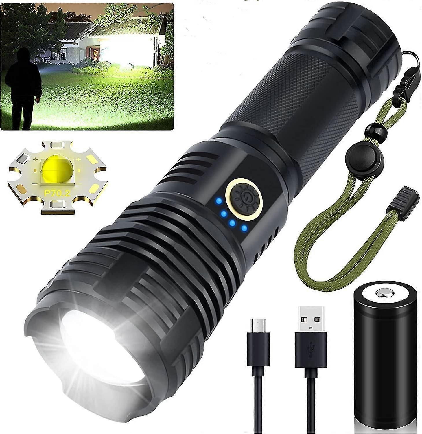 Led Flashlights Rechargeable High Lumens, 90000 Lumens Super Bright Tactical Flashlights, X70.2 Zoomable Waterproof Flash Light 5 Modes For Camping,,0
