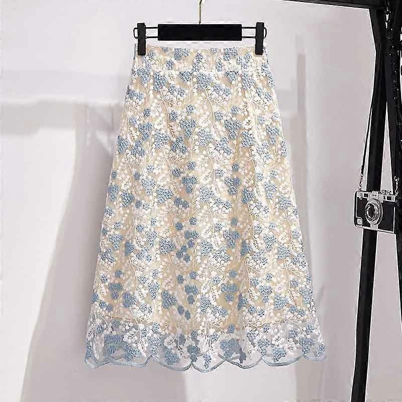 Raikas kukkakuvioinen vahva kirjontahame Pitsihame Midi-hame A-linjainen kapea malli