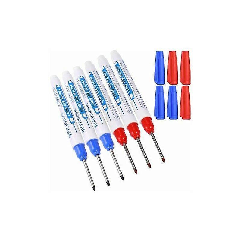 6pcs Deep Hole Markers, Carpenter Marker, 30mm Fine Tip Indelible Marker Pen, Permanent Felt Pen for Marking Hard-to-Reach Places (Blue Red)