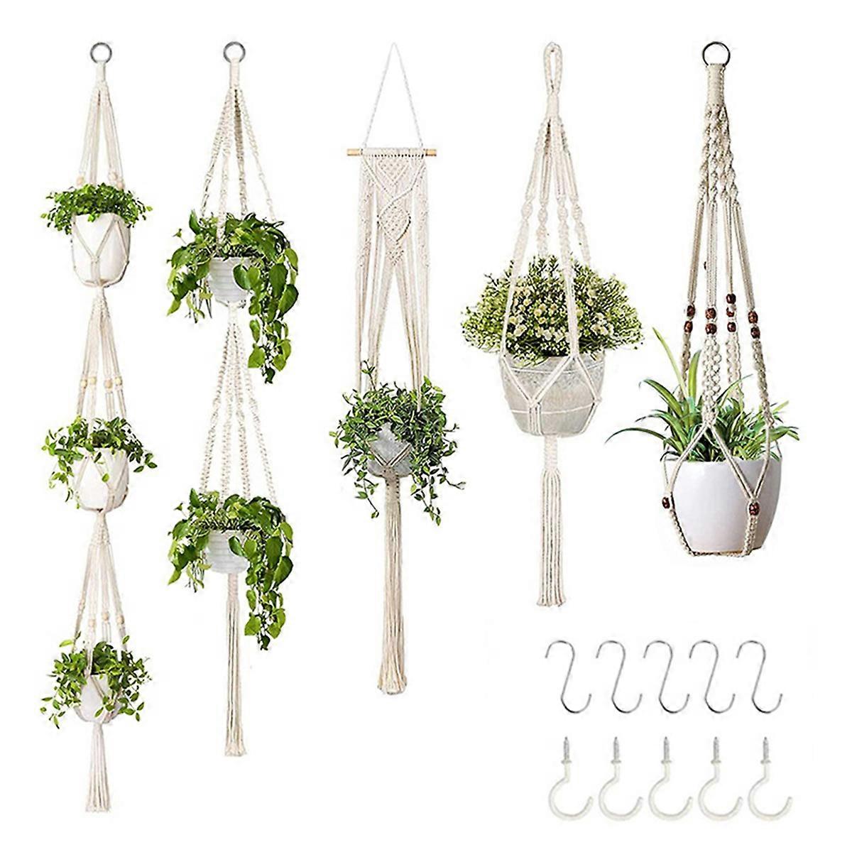 Hand-Made Flower Stand, Adjustable Knotting Rope, Woven Hanging Basket, with Flowerpot Tray, Used i