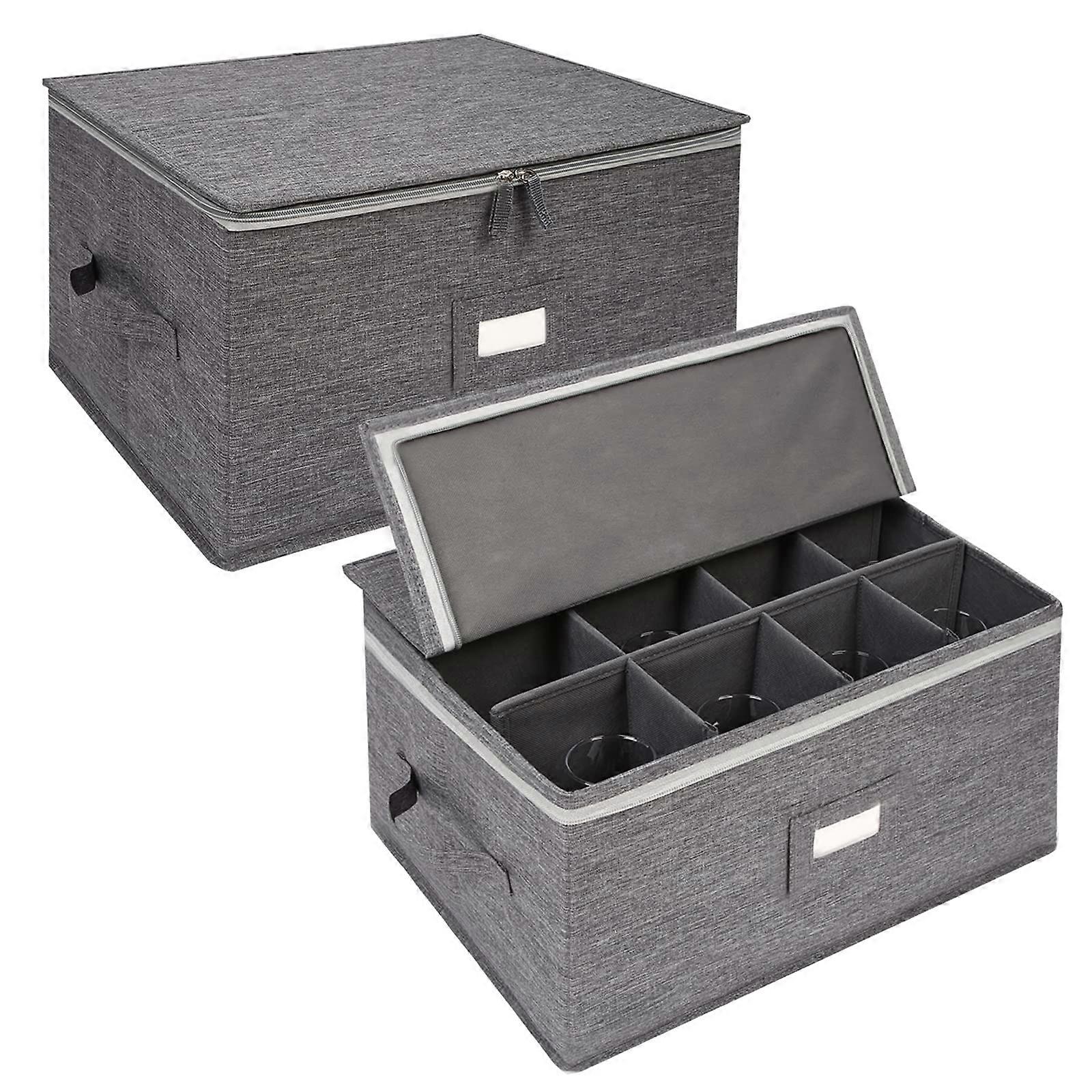 Gray Glass Storage Containers 2 Pack with Compartments for 12 Red or White Glasses, Durable Glass Storage Box