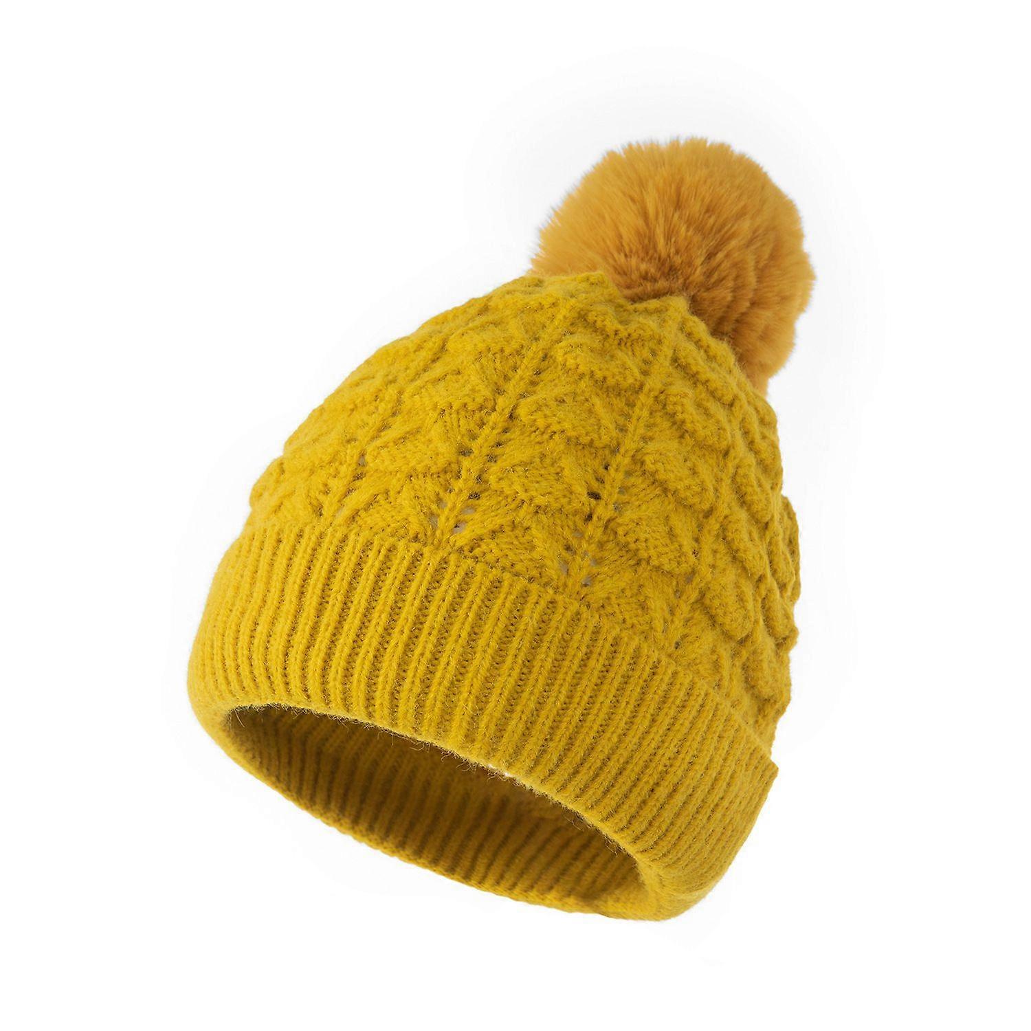 Yellow wool ball knitted hat monochrome dome acrylic