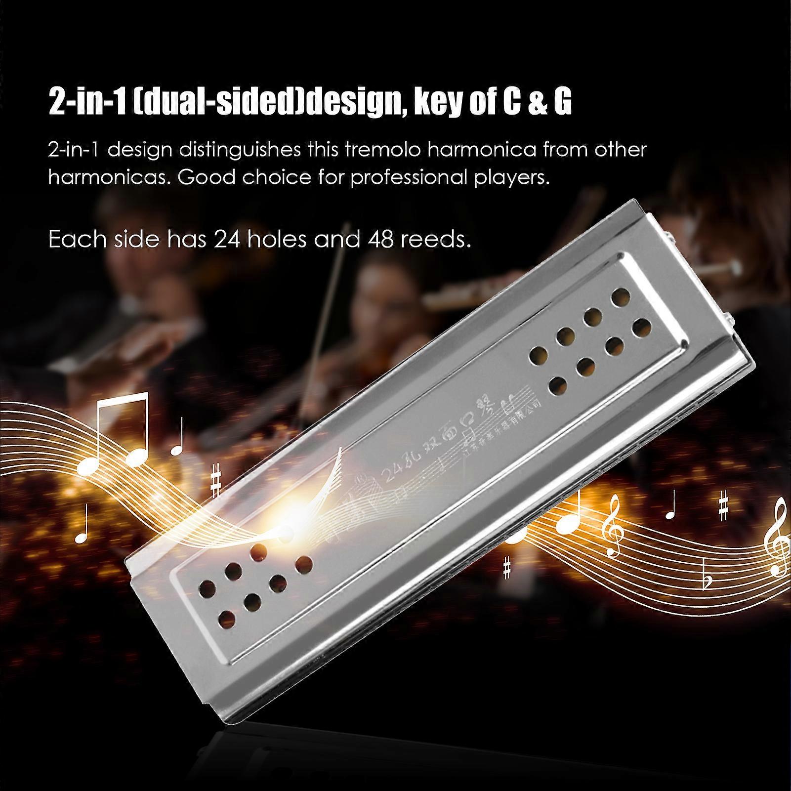 2-in-1 Tremolo Harmonica Mouth Organ Dural Key of C&G 24 Double Holes with 48 Reeds Free Reed Wind Instrument with Padded Box Cleaning Cloth