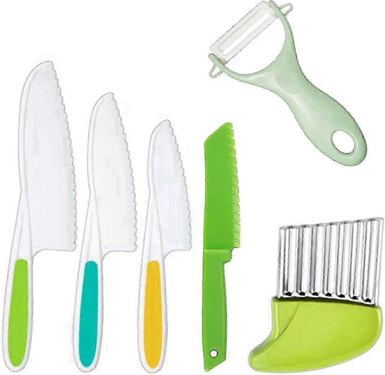 Children's baking kitchen knife set suitable for young chefs, inclusive of 6 colorful kitchen utensils perfect for culinary adventures.