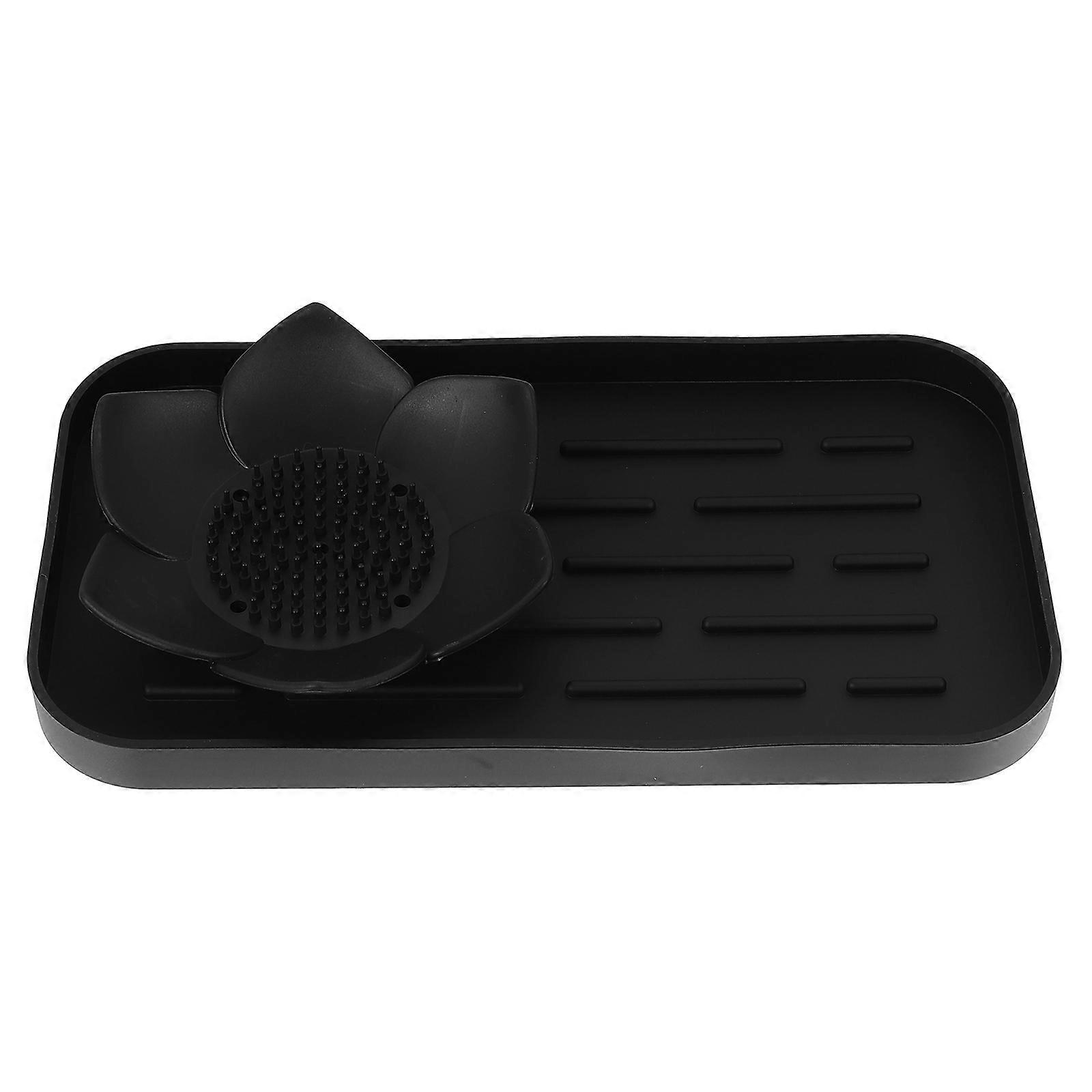 Soap Holder Silicone Soap Tray Draining Bathroom Use Square Black 1Set