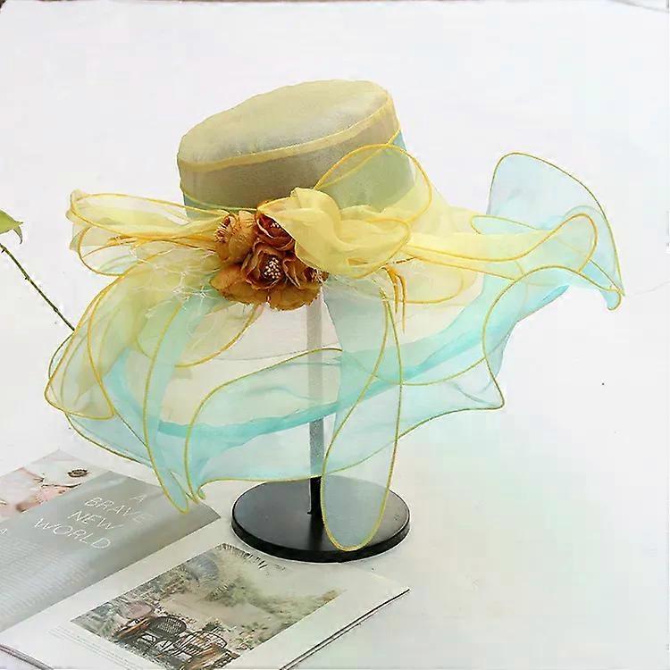Women Summer Wide Brim Church Organza Sun Hat Flower Wedding Fascinator New Elegant Large Ladies Fedoras Femme Beach Hats