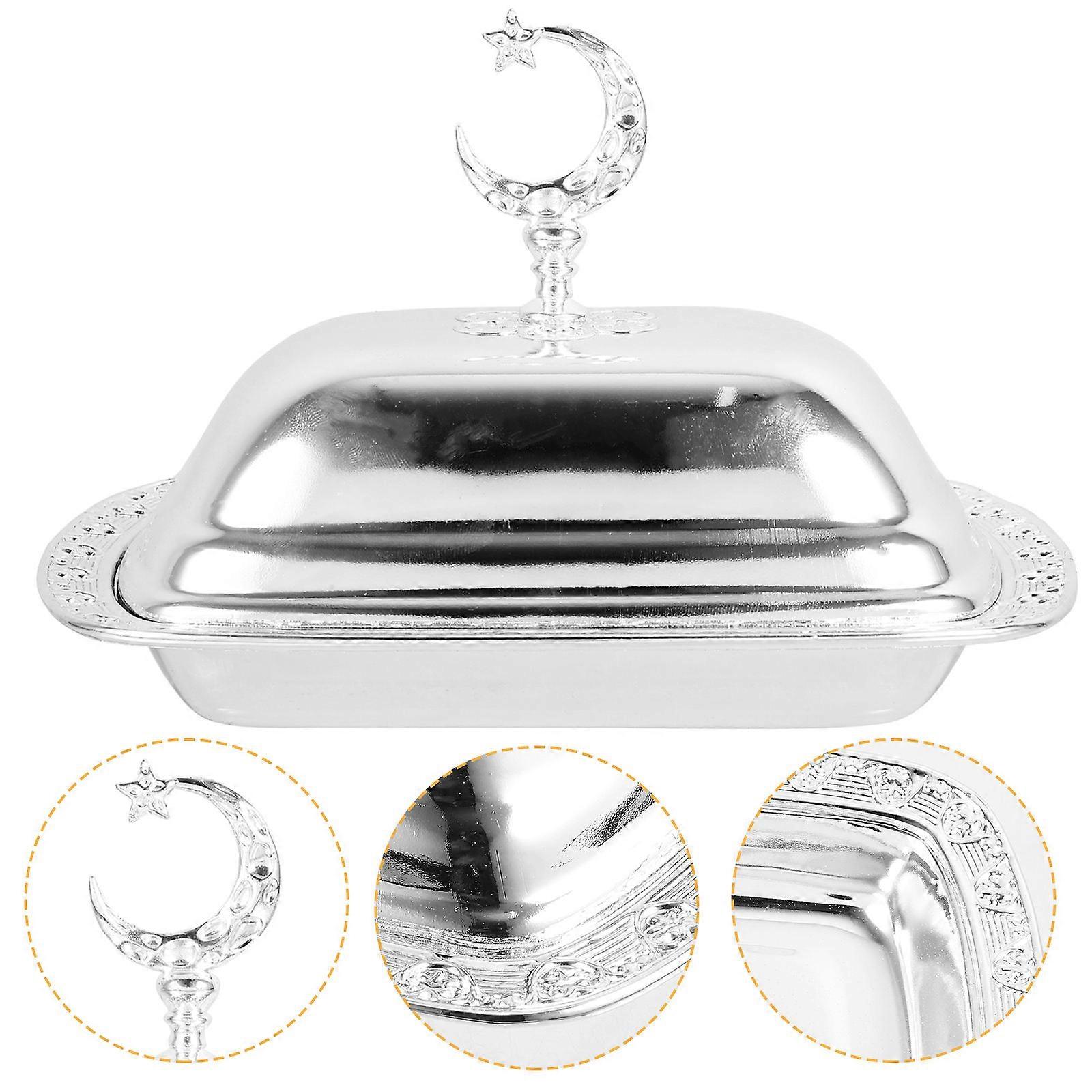 Serving Dishes With Lids Metal Butter Dish European Retro Style Home Storage Holder Silver 19.80X13.80X12.80CM Food Preservation 1Pack