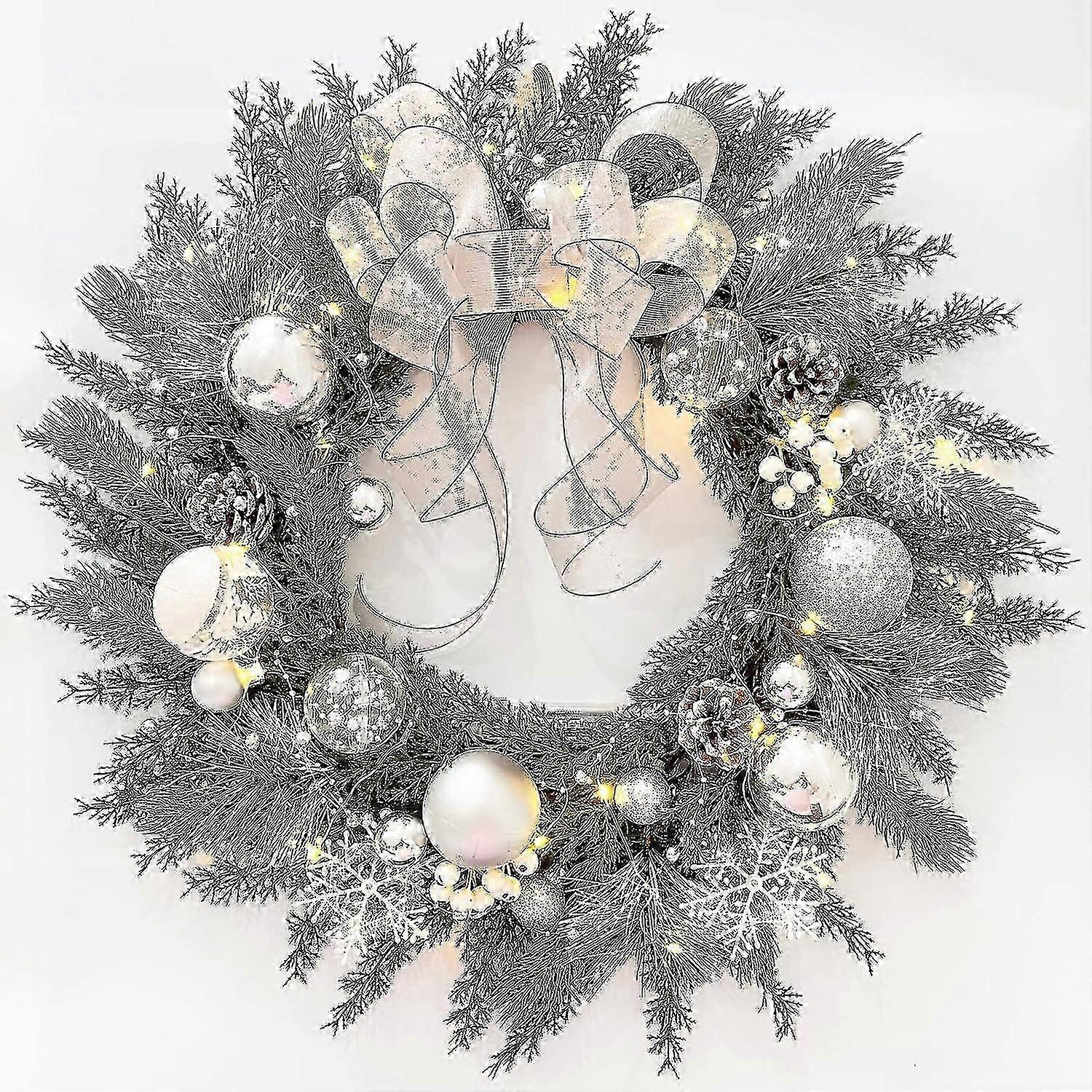 白い弓とボールの飾りが付いているプリライトクリスマスリース、ライト付きの20インチのクリスマスリース