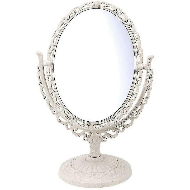 Oval Cosmetic Mirror Vintage Table Mirror 360 Degree Rotation Magnifying Double Sided Mirror (Beige)