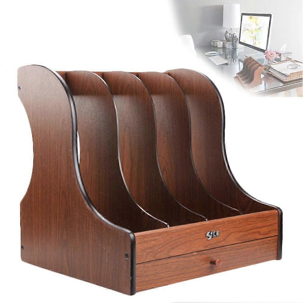 Wooden desk organizer with 4 compartments, document tray, and drawer