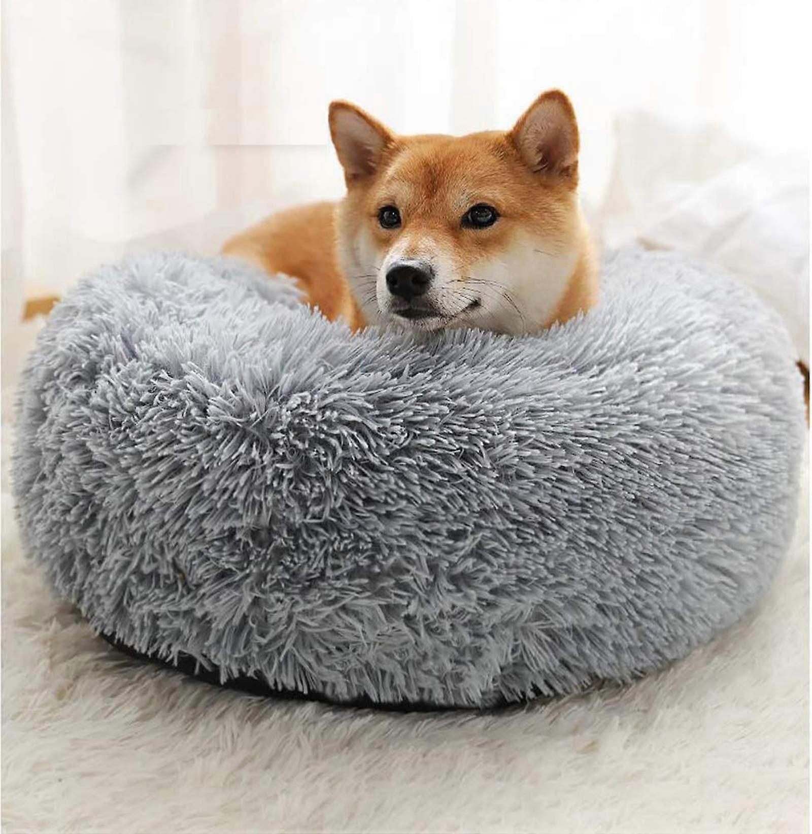 Round plush cat and dog bed, washable, calming donut cuddle bed, pet nest XXL Light Gray