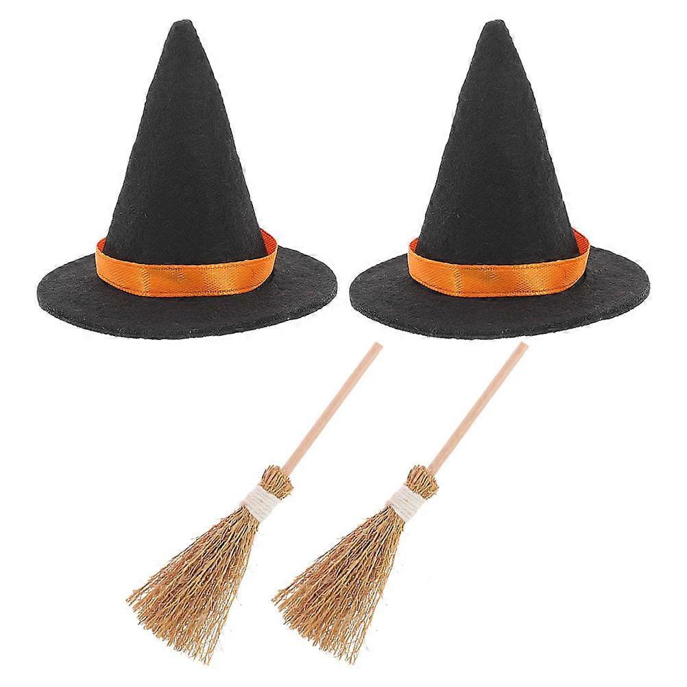 2 Sets Halloween Hats and Brooms for Doll House Scene Layout Decorations