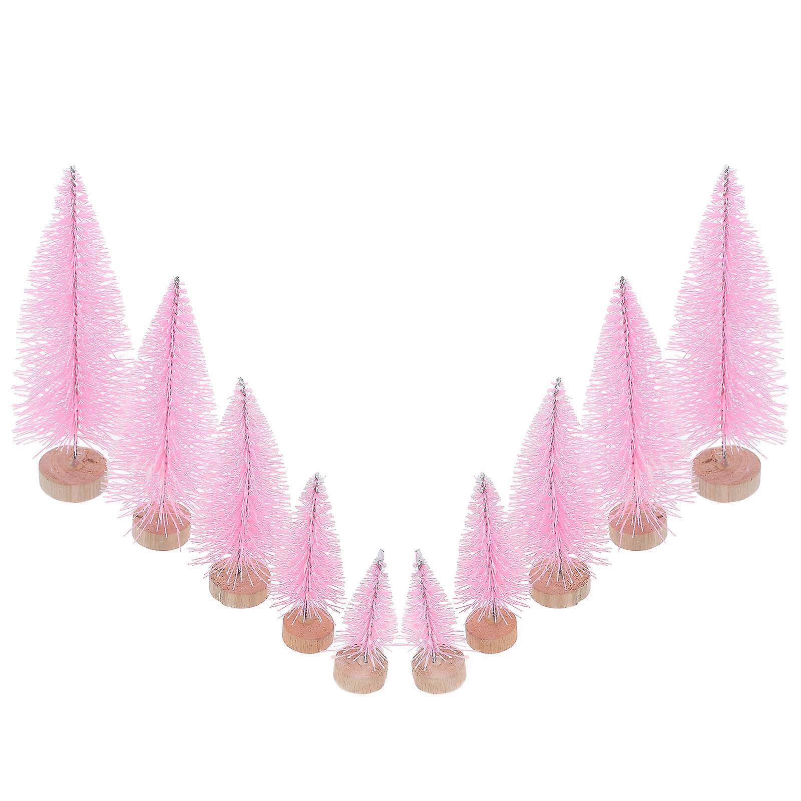 10pcs Mini Christmas Trees with Wooden Bases – Festive Desktop Decorations, Flocked Pine Ornaments for Holiday Displays, Party Decor, and Mini