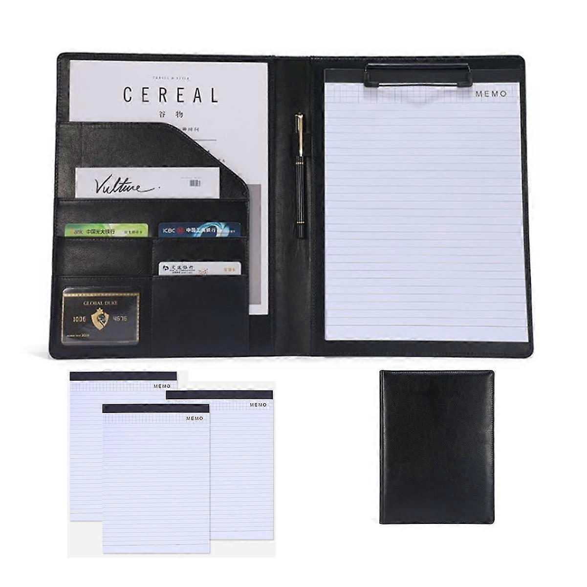 A4 Writing Case Conference Folder Leather Business Document Organizer Ring Binder File with 4 Notepads 25 Sheets for Men and Women
