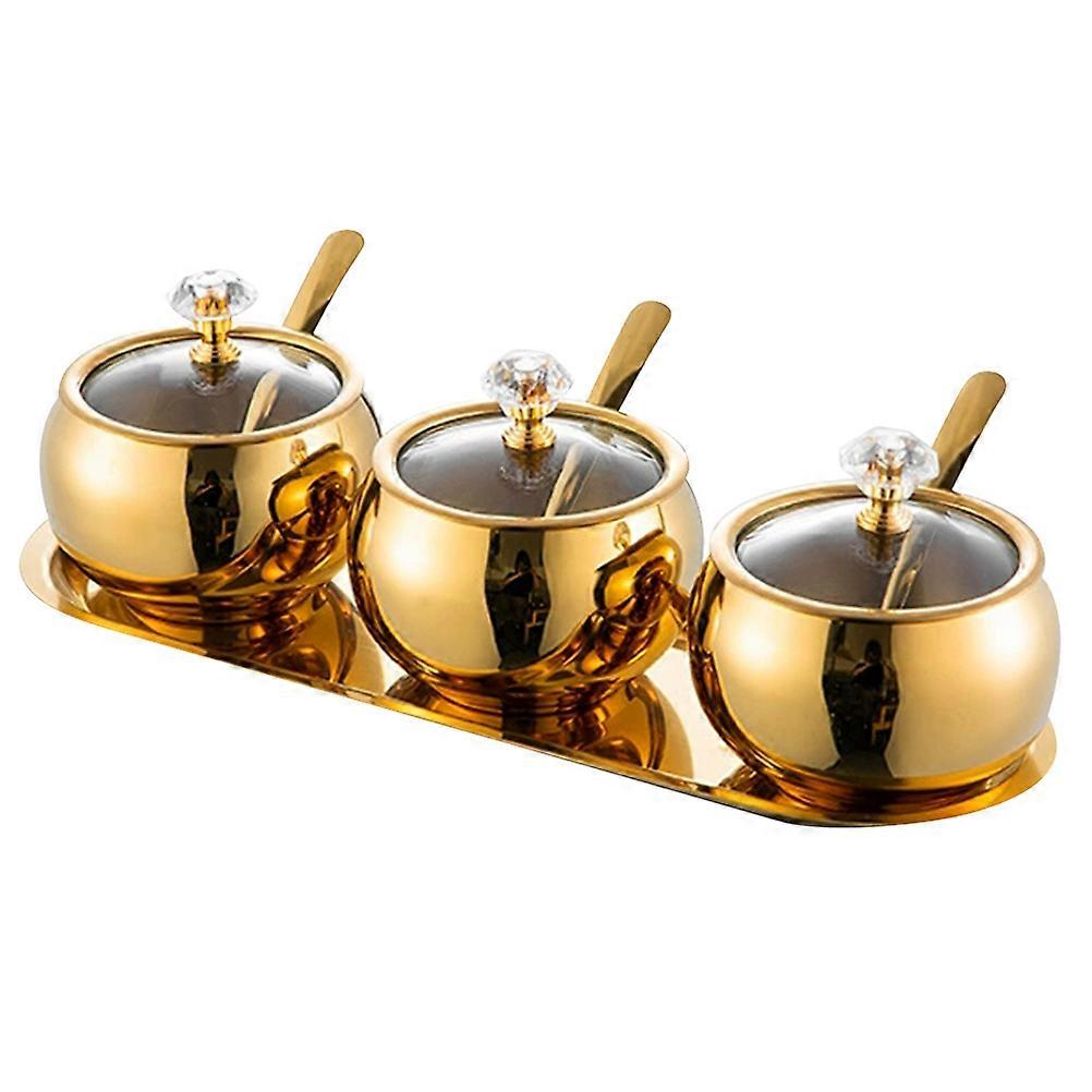 Stainless Steel Seasoning Containers Set for Kitchen Cooking and Baking Golden with Spoon Storage 3Set