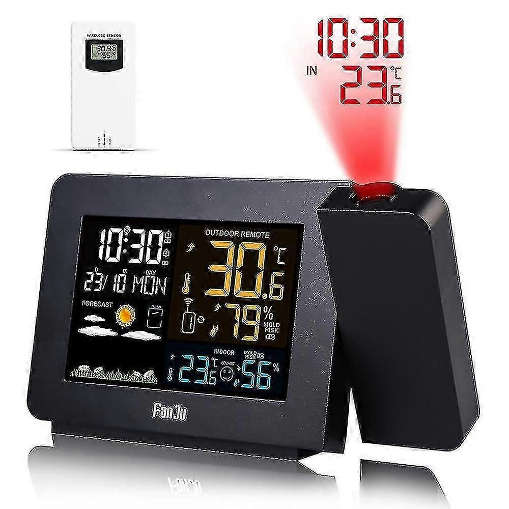 Projection Alarm Clock Projection Clock With Bulit-in Outdoor Wirelss Sensor And Weather Station Dual Alarms For Bedroom Support Lcd Display Date Time