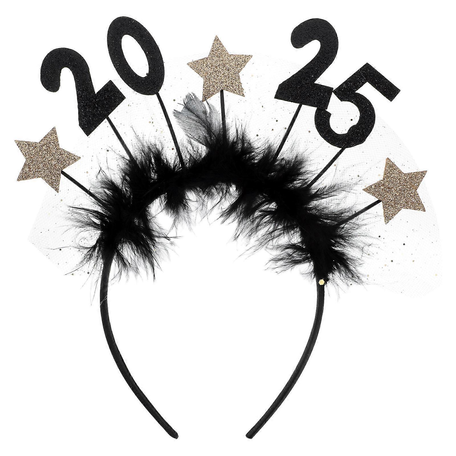 Black New Year Headband Set for Girls with Plume and Star Design Festive Party Cloth Accessories Size One Size Fits Most