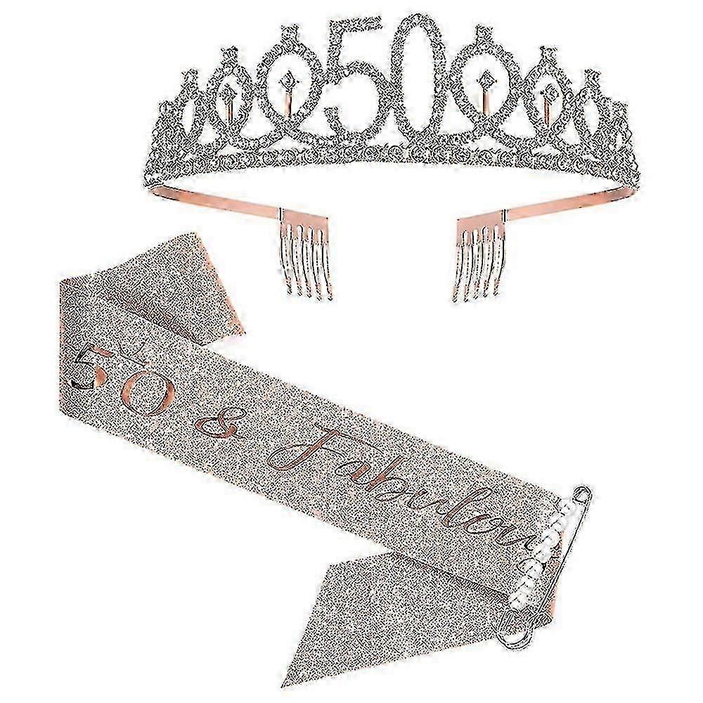 50歳の誕生日サッシュとティアラ ローズゴールドの誕生日サッシュクラウン50と女性のための素敵なショルダーストラップとティアラ