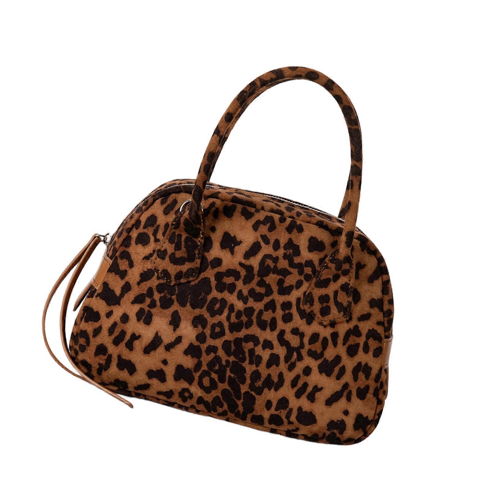Delicate Oversized Bowling Bag Soft Suedes Crossbody Purse With Adjustable Strap And Organized Compartments  leopard brown