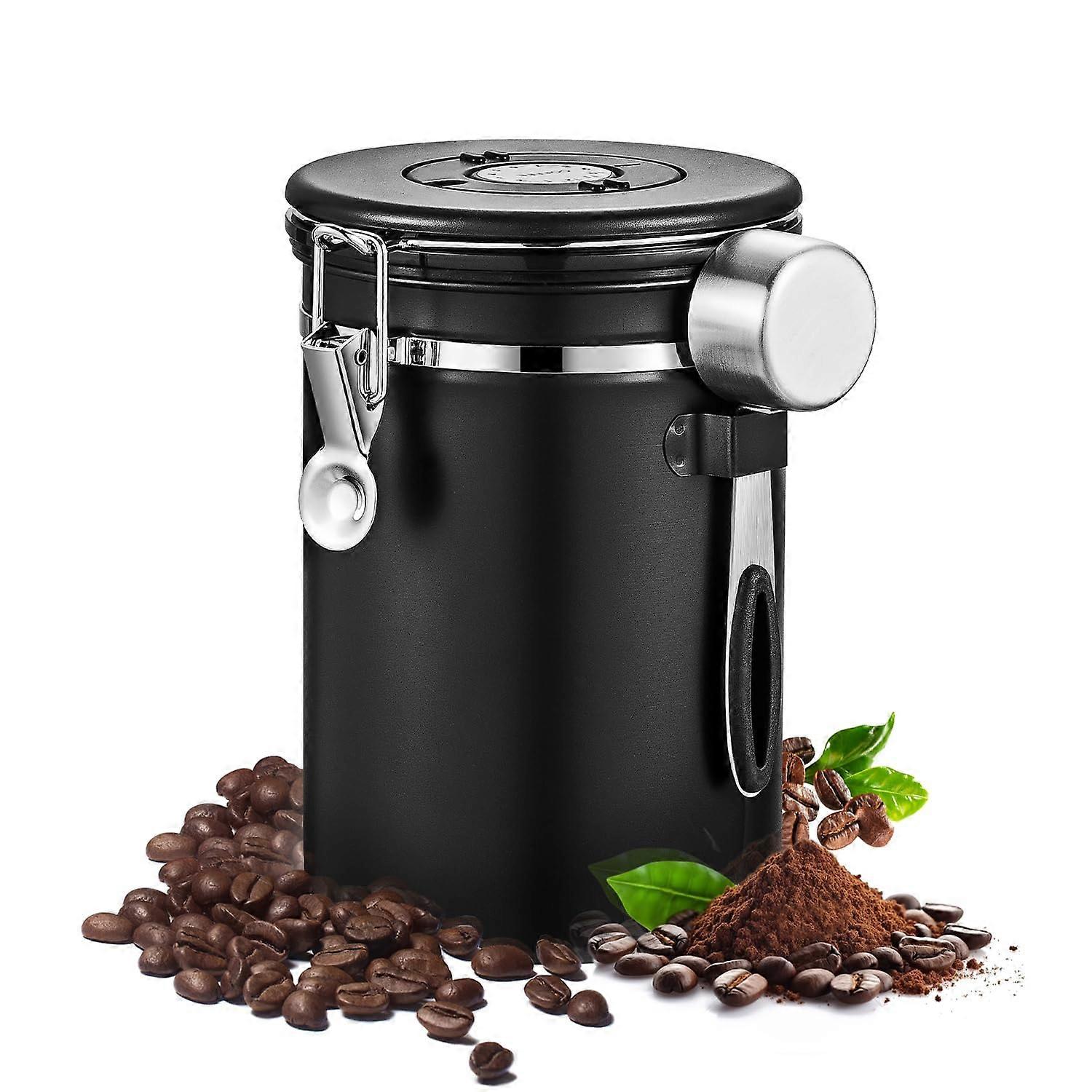 Airtight Coffee Container With Date Tracker And Spoon 24oz Black Storage Jar For Coffee Grounds Cereal Beans Sugar