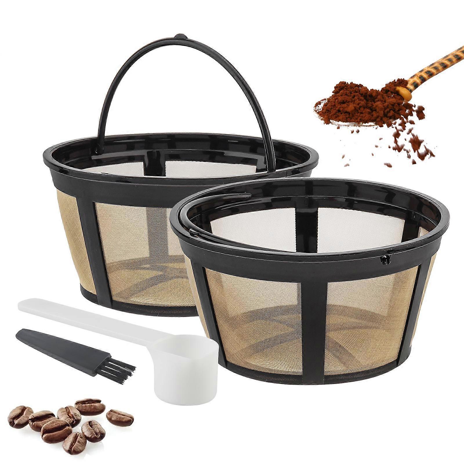 2 Pcs Reusable PP and 304 Stainless Steel Coffee Filter with Brush and Scoop, 4-6 Cups Washable Strainer
