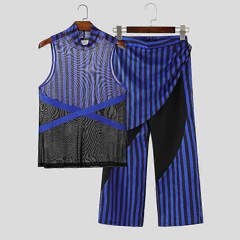 INCERUN 2PCS Men Sleeveless Striped Mesh Sheer Tank Tops Elastic Waist Layers Pants Sets